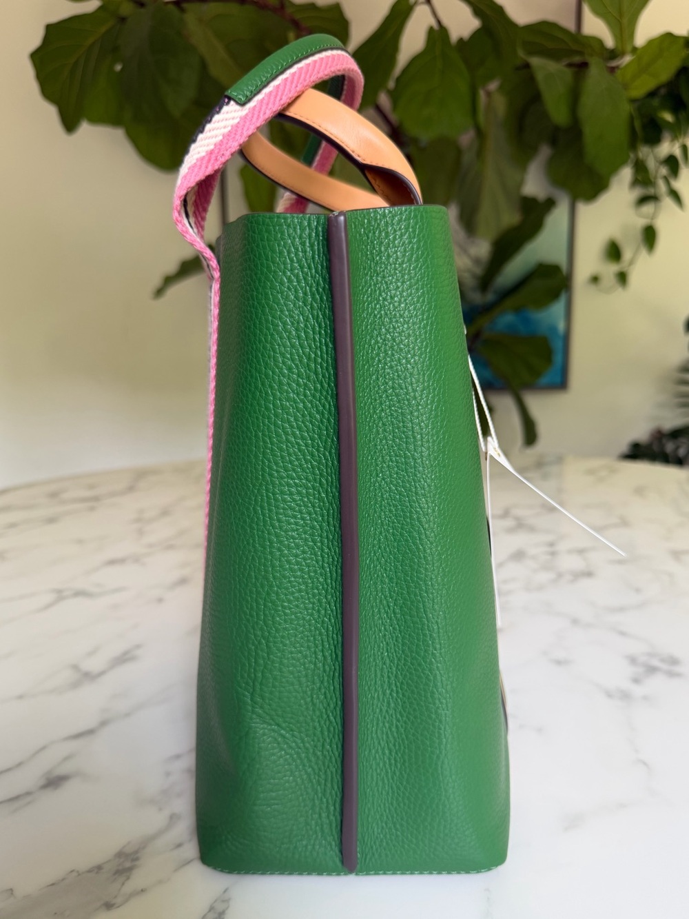 NWT Tory Burch Perry Multi Stripe Leather Triple Compartment Tote Arugula Green - Picture 6 of 16
